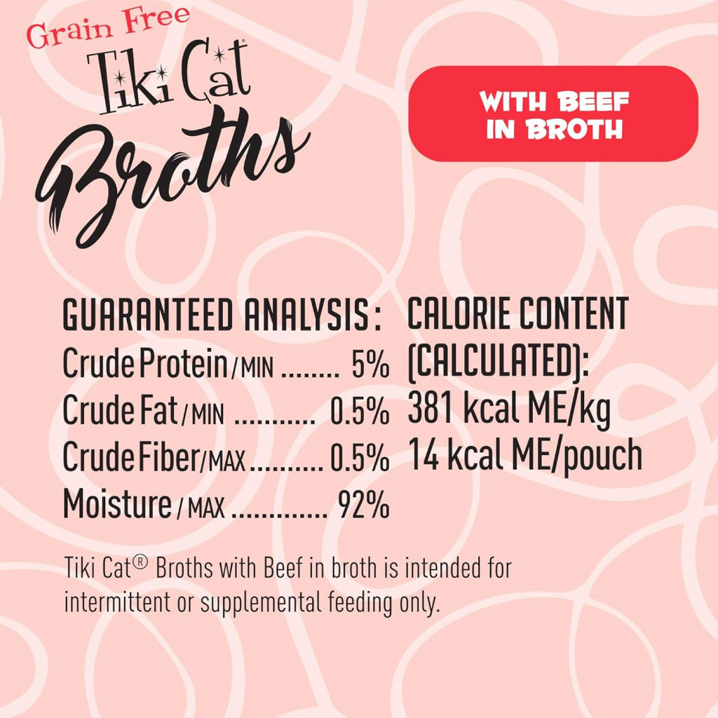 Tiki Cat Born Carnivore Broths Beef in Broth with Meaty Bits Wet Food Toppper For Cats (1.3 oz x 12 pouches)