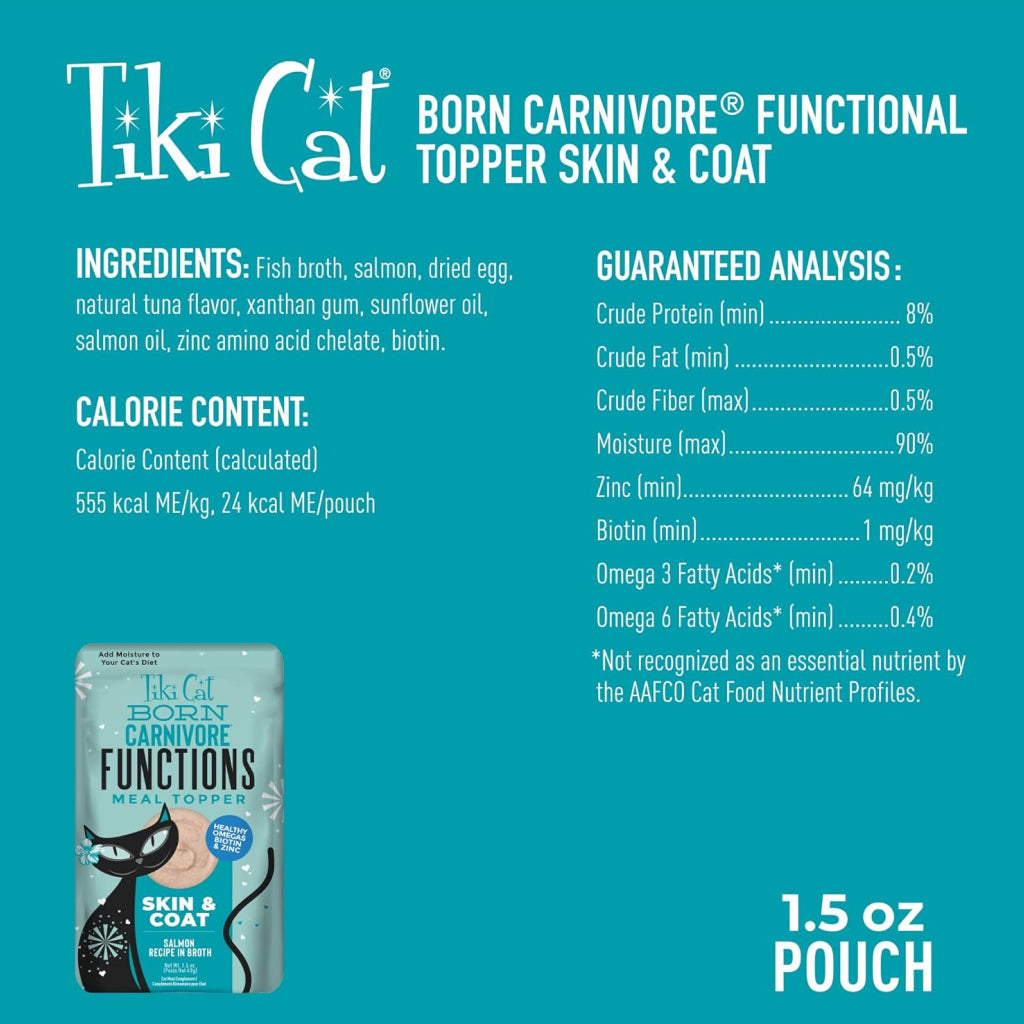 Tiki Cat Born Carnivore Skin & Coat Functional Meal Topper for Cats (1.5 oz x 12 pouches)