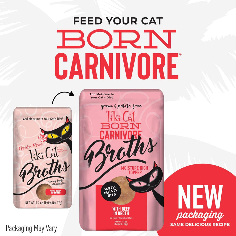 Tiki Cat Born Carnivore Broths Beef in Broth with Meaty Bits Wet Food Toppper For Cats (1.3 oz x 12 pouches)