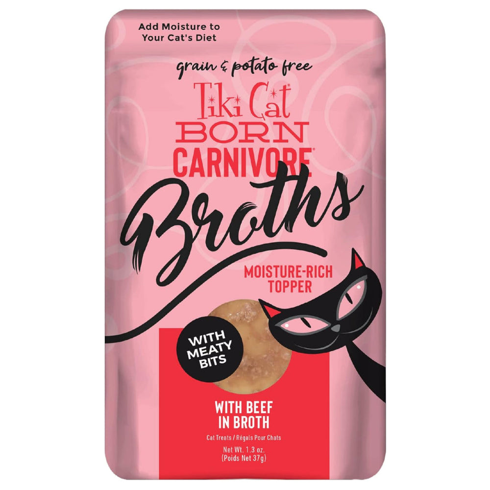 Tiki Cat Born Carnivore Broths Beef in Broth with Meaty Bits Wet Food Toppper For Cats (1.3 oz x 12 pouches)