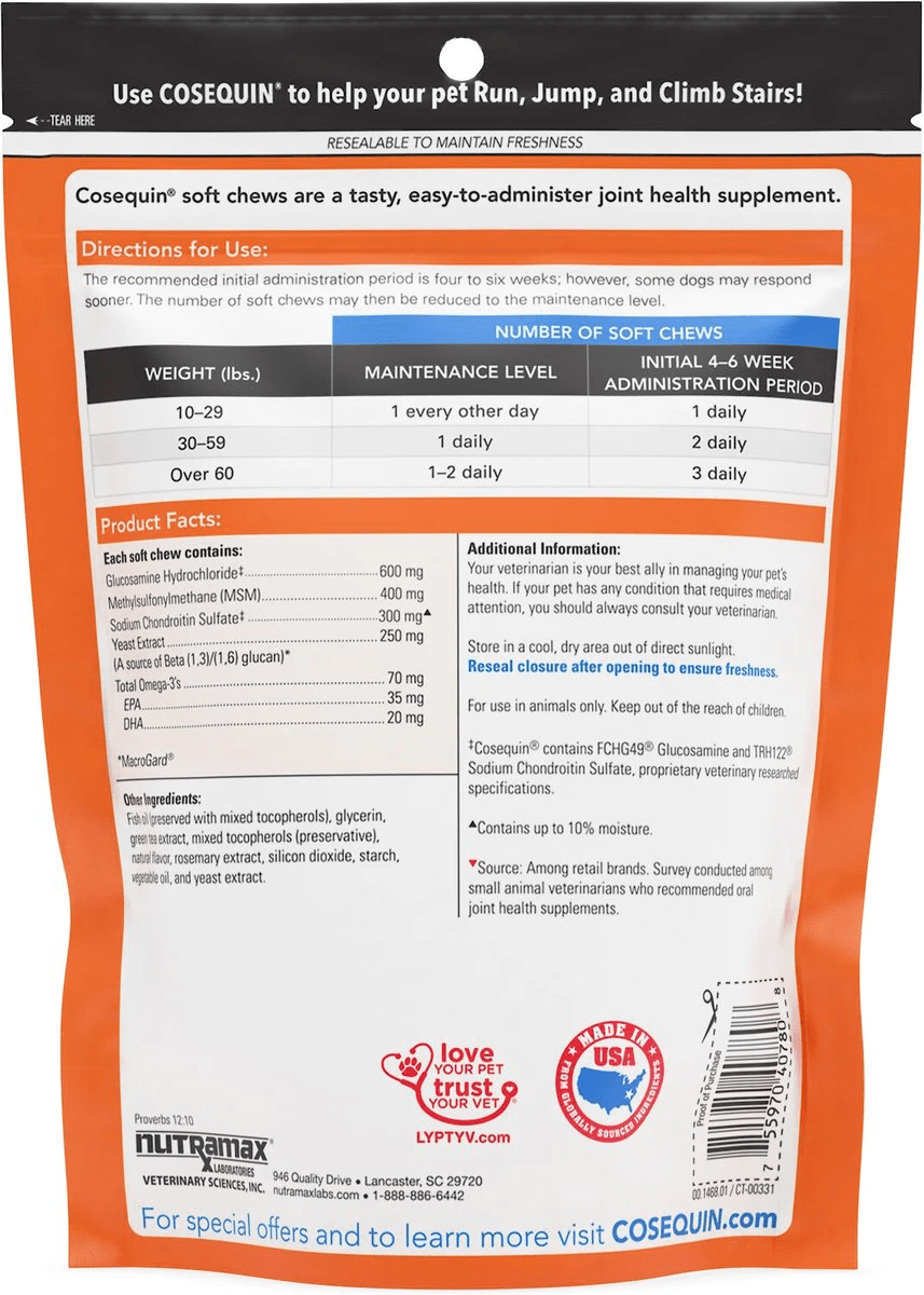 Nutramax Cosequin Senior Joint Health Supplement for Senior Dogs - With Glucosamine, Chondroitin, Omega-3 for Skin and Coat Health and Beta Glucans for Immune Support, 60 Soft Chews