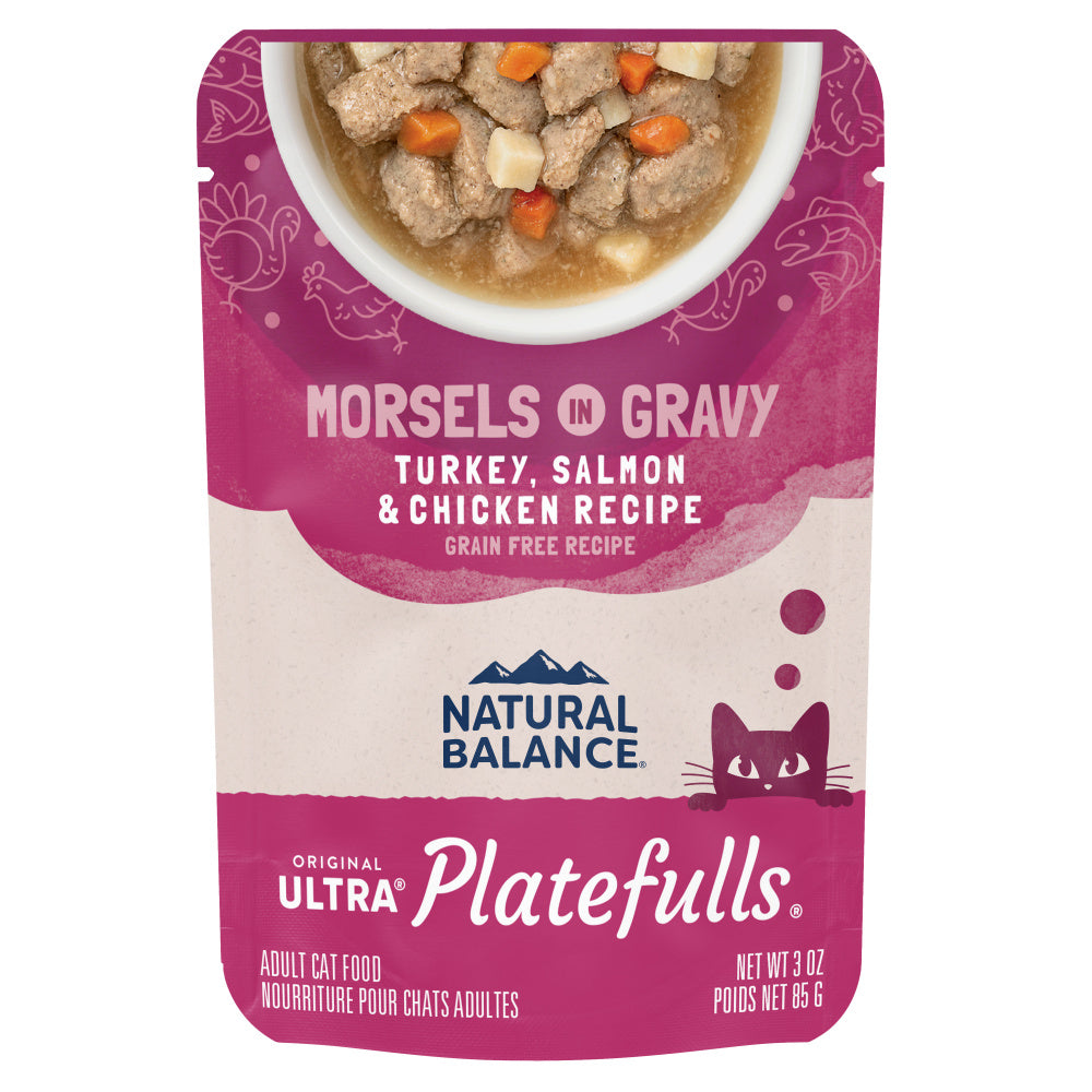 Natural Balance Original Ultra Platefulls Turkey, Salmon & Chicken Recipe Morsels in Gravy Wet Cat Food Pouches