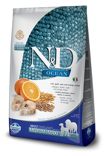 Farmina Ocean N&D Natural & Delicious Medium & Maxi Adult Cod, Spelt, Oats & Orange Dry Dog Food