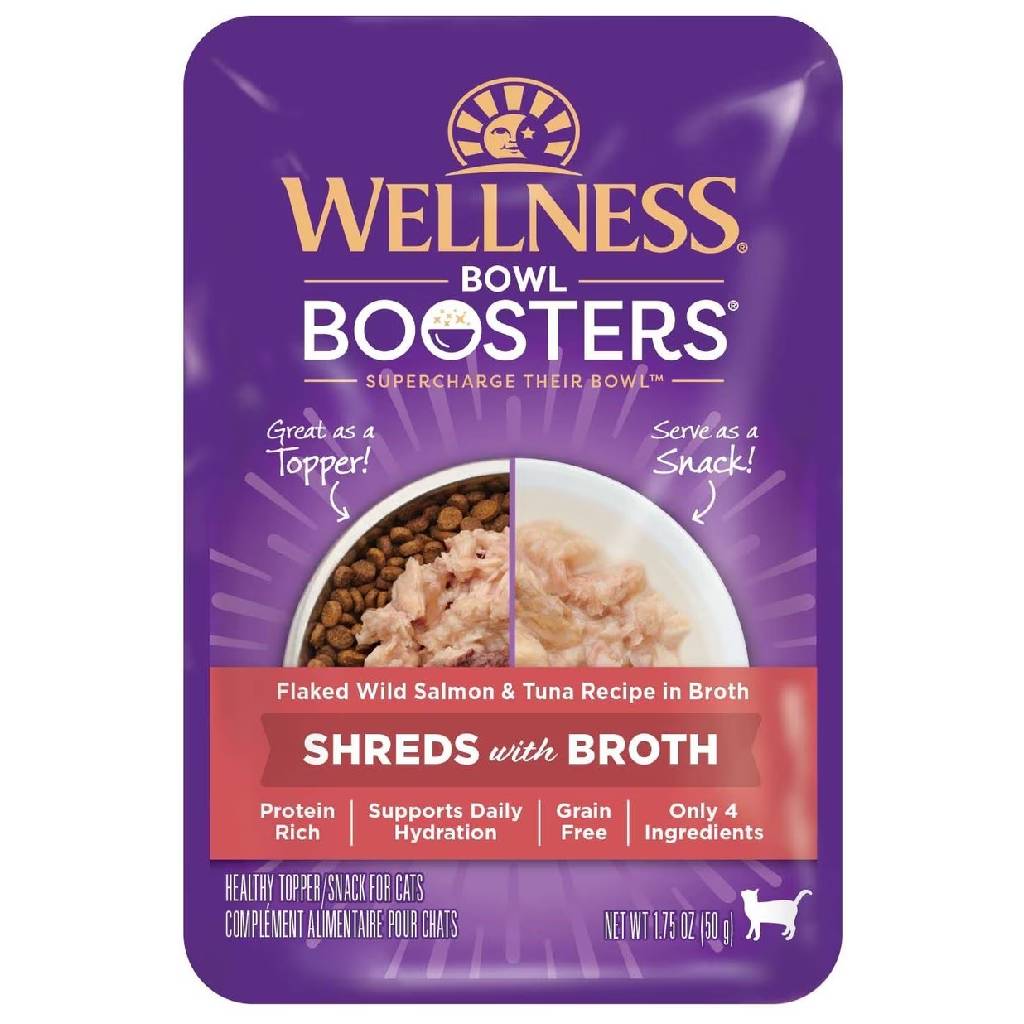 Wellness Bowl Boosters Shreds Flaked Salmon & Tuna with Broth Cat Food Topper (1.75 oz x 12 pouches)