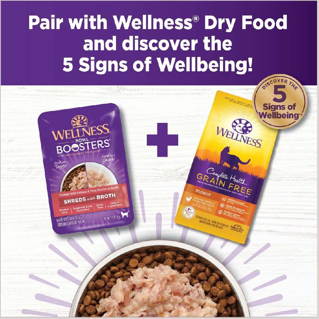 Wellness Bowl Boosters Shreds Flaked Salmon & Tuna with Broth Cat Food Topper (1.75 oz x 12 pouches)