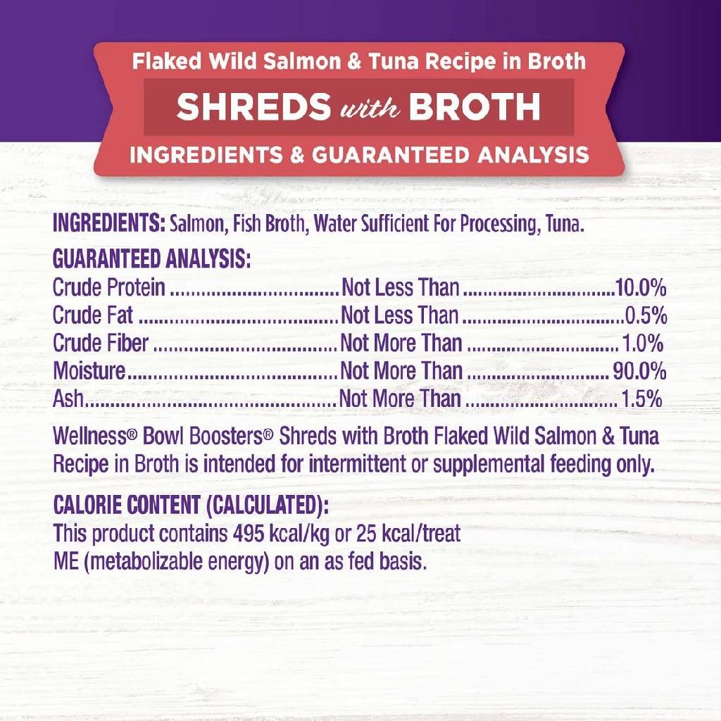 Wellness Bowl Boosters Shreds Flaked Salmon & Tuna with Broth Cat Food Topper (1.75 oz x 12 pouches)