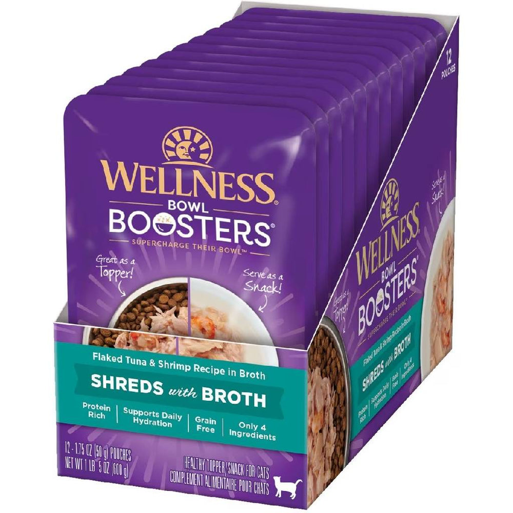 Wellness Bowl Boosters Shreds Flaked Tuna & Shrimp with Broth Cat Food Topper (1.75 oz x 12 pouches)