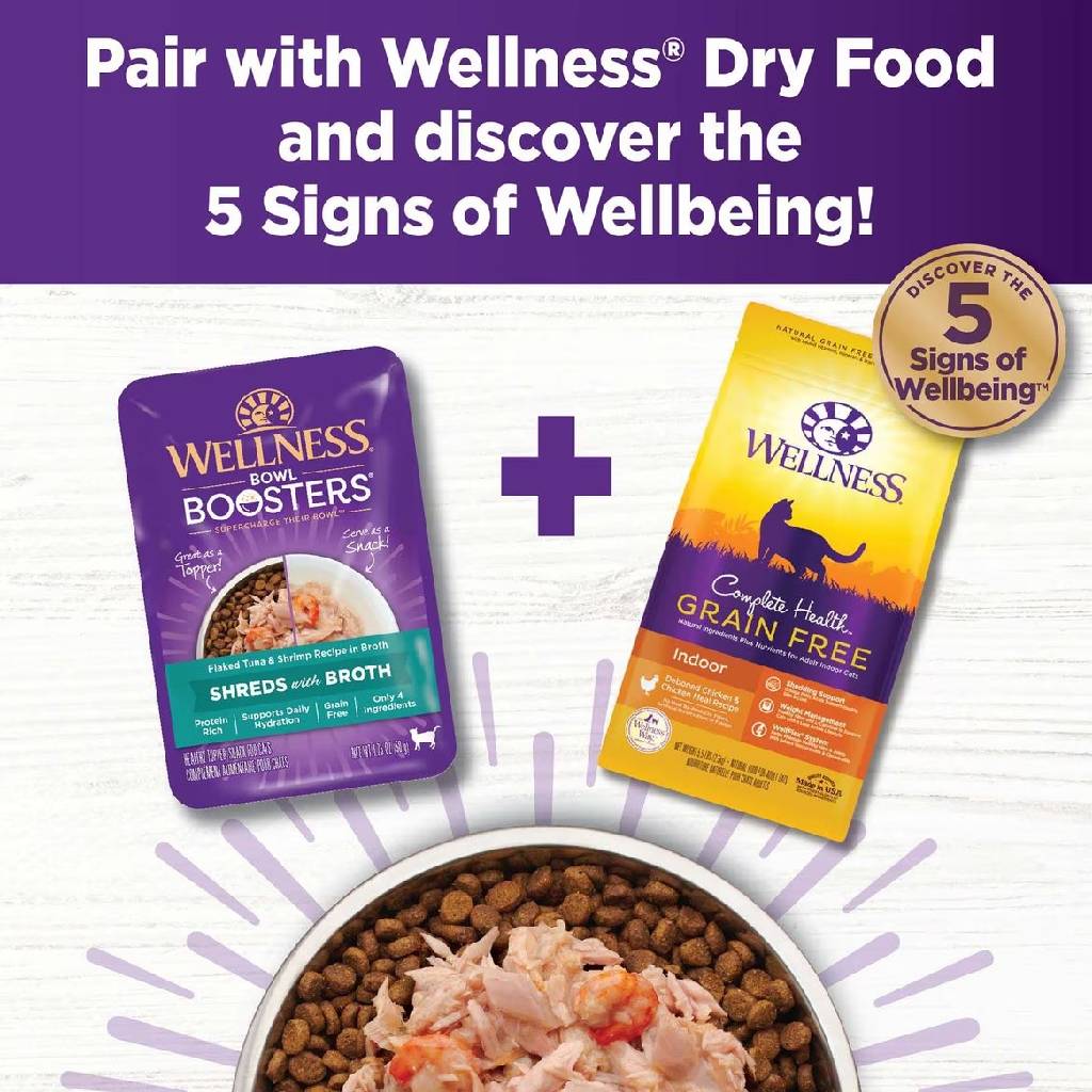 Wellness Bowl Boosters Shreds Flaked Tuna & Shrimp with Broth Cat Food Topper (1.75 oz x 12 pouches)