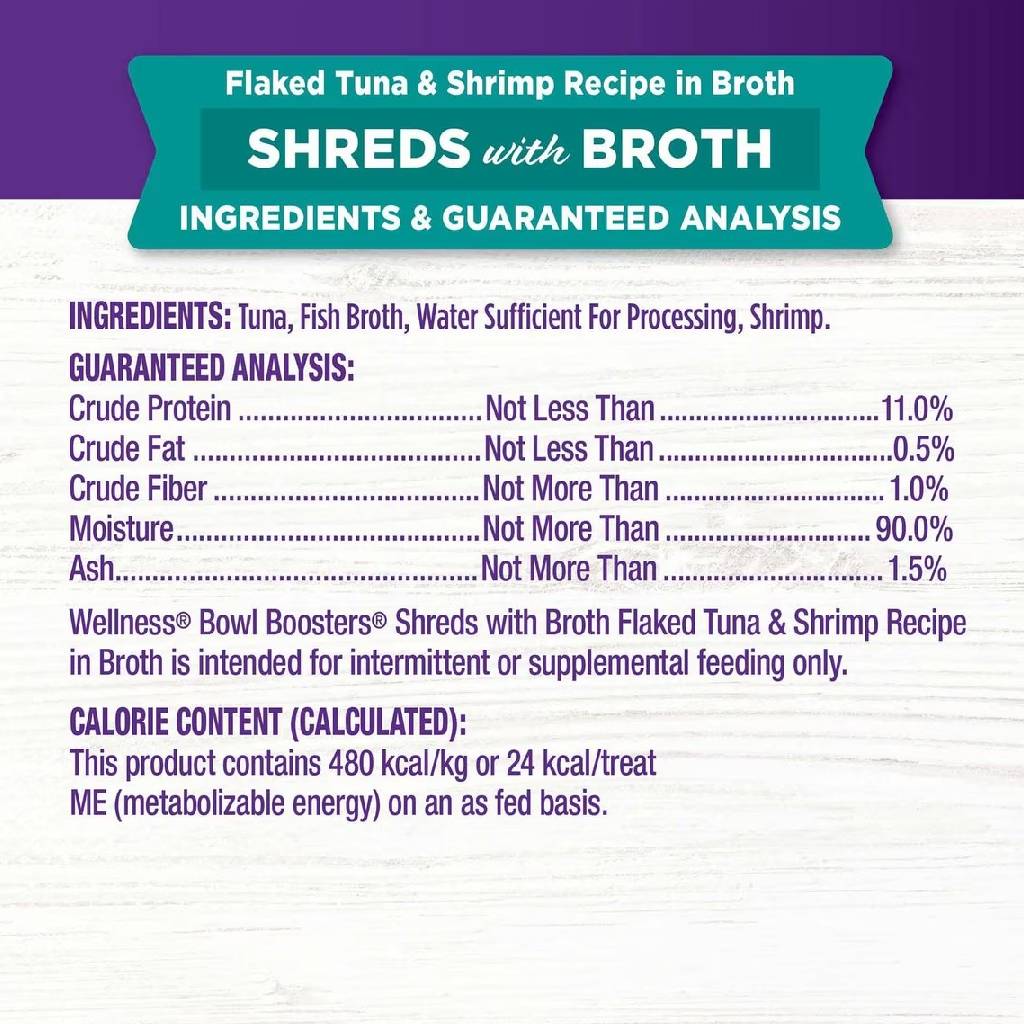 Wellness Bowl Boosters Shreds Flaked Tuna & Shrimp with Broth Cat Food Topper (1.75 oz x 12 pouches)