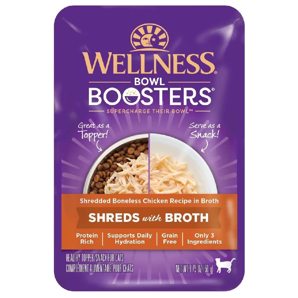 Wellness Bowl Boosters Shreds Boneless Chicken with Broth Cat Food Topper (1.75 oz x 12 pouches)