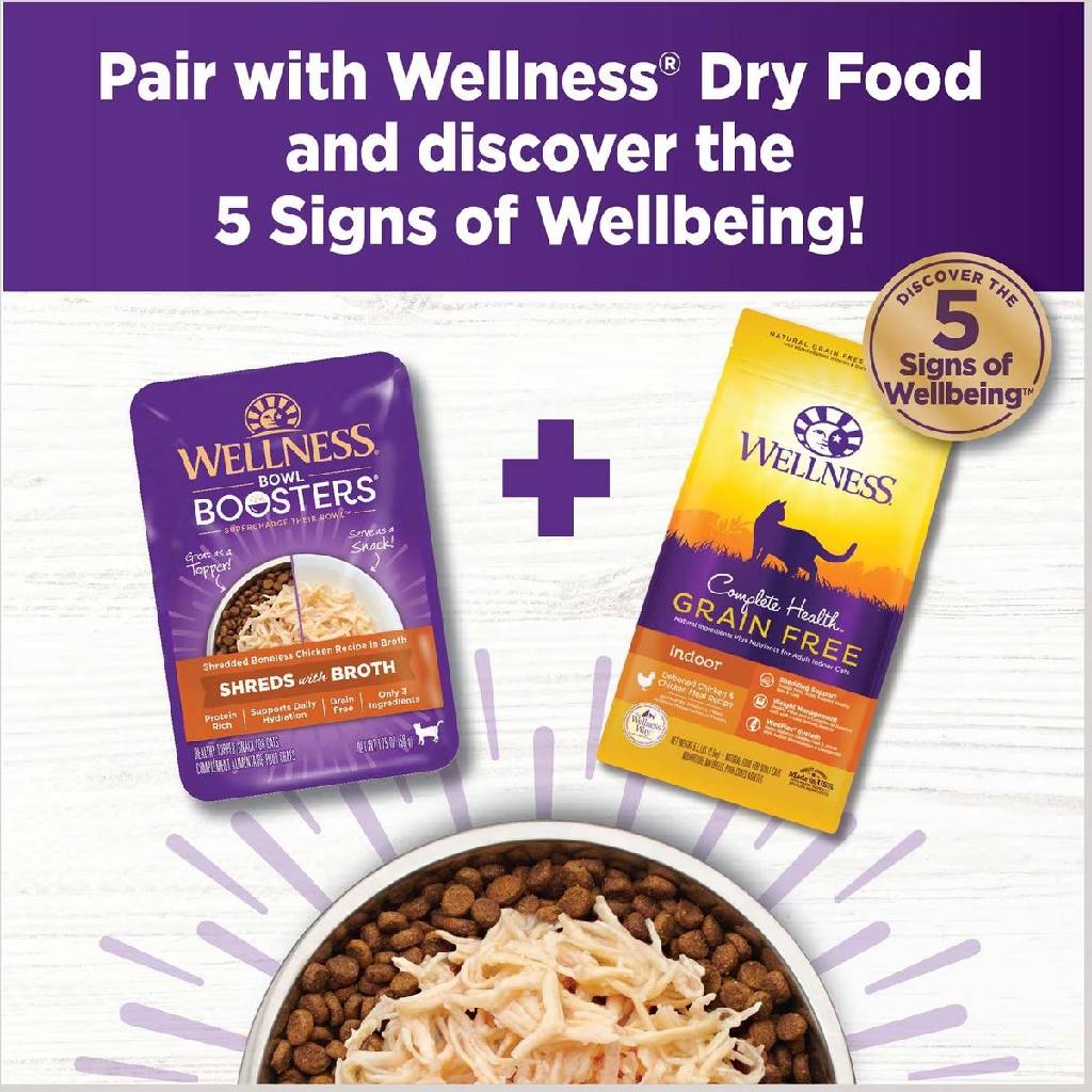 Wellness Bowl Boosters Shreds Boneless Chicken with Broth Cat Food Topper (1.75 oz x 12 pouches)