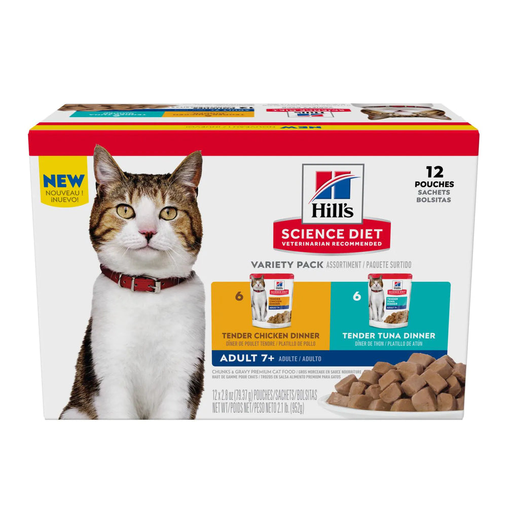 Hill's Science Diet Senior 7+ Wet Cat Food Pouch Variety Pack, Chicken and Tuna  (2.8 oz x 12 pouches)