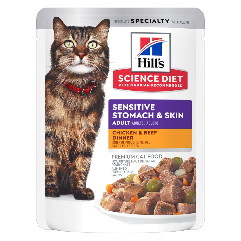 Hill's Science Diet Adult Sensitive Stomach & Skin Wet Cat Food, Chicken & Beef  (2.8 oz x 24 pouches)